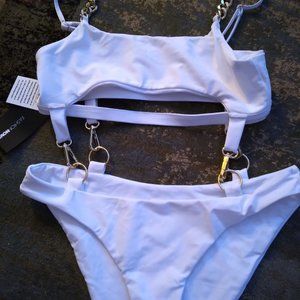 White sexy brand new bathing suit with gold chains